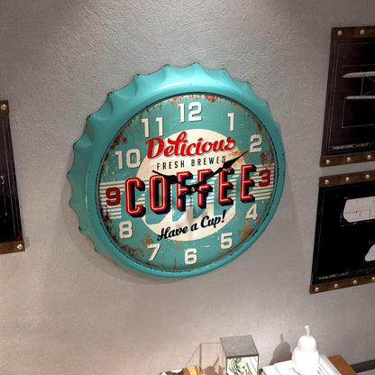 Menterry Bottle Cap Design Iron Retro Wall Clock,13" Blue Vintage Style | Silent Non-Ticking Battery Operated Creative Antique Decor Wall Clocks for Cafes,Farmhouse,Office,Kitchen