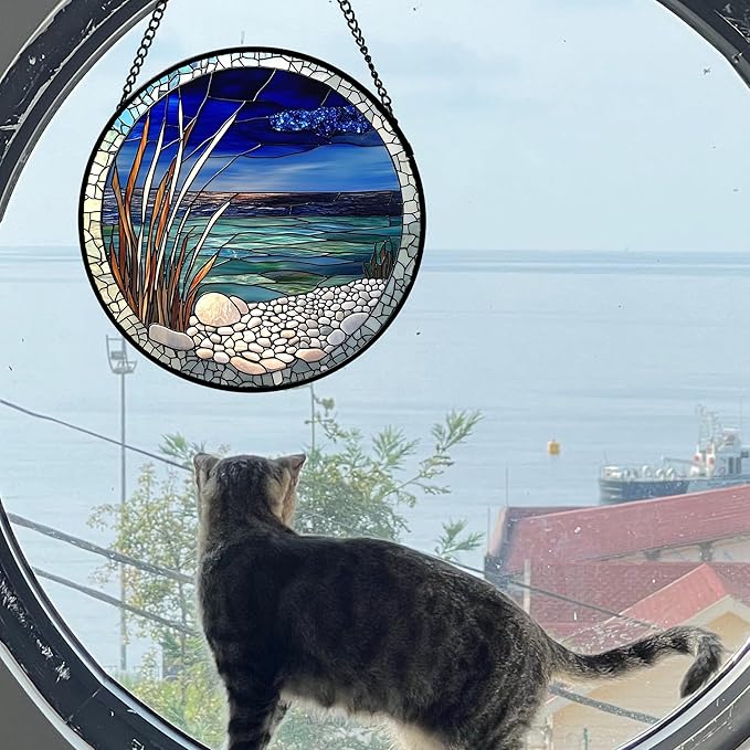 AMDERVEN Stained Glass Window Hanging 4 Pcs Set Navy Blue Ocean Landscape 7.8" - Image 4