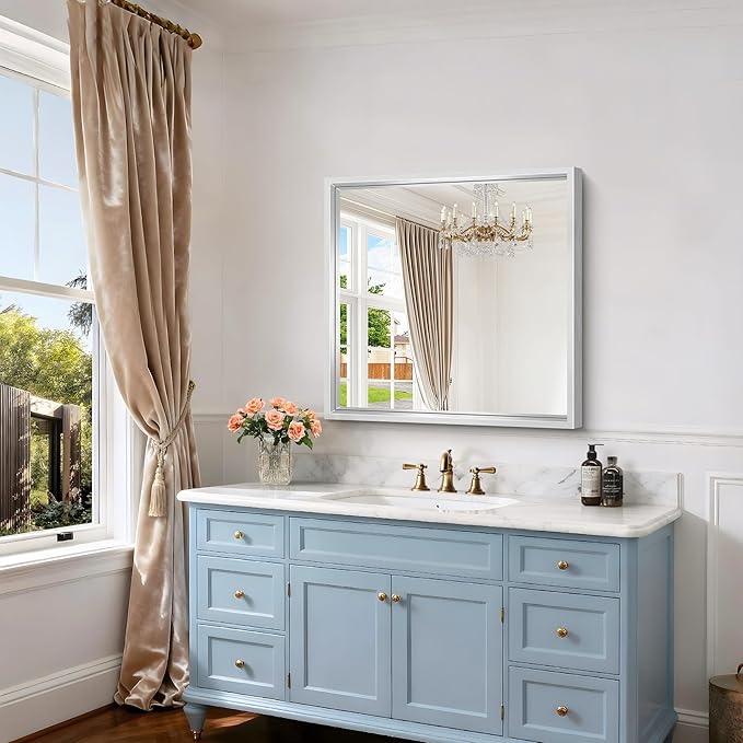 30x30 Inch Silver Bathroom Mirror, Brushed Silver Square Mirror - Image 4