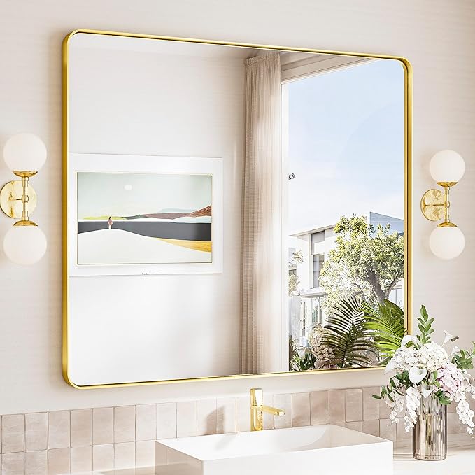 TokeShimi 42x36 Brushed Gold Bathroom Mirror by RefinedBathroomAccessories