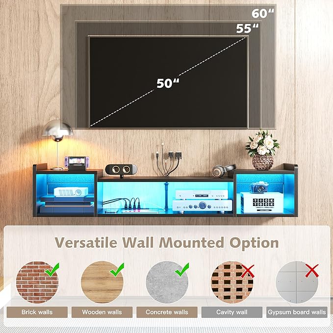 55.1"W Floating TV Stand with LED Lights & Power Outlets - Image 5