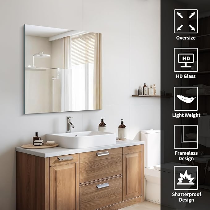 CILIBER 30x30 inch Frameless Bathroom Mirror, Square Frameless Mirrors - Image 5