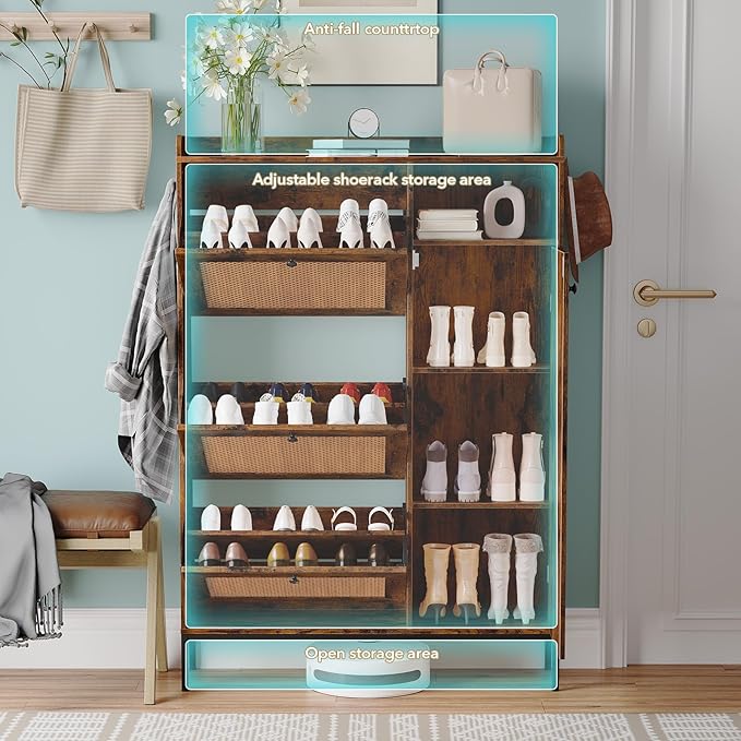 Rattan Wooden Shoe Cabinet, Freestanding 3-Flip Drawer Shoe Storage Organizer - Image 4