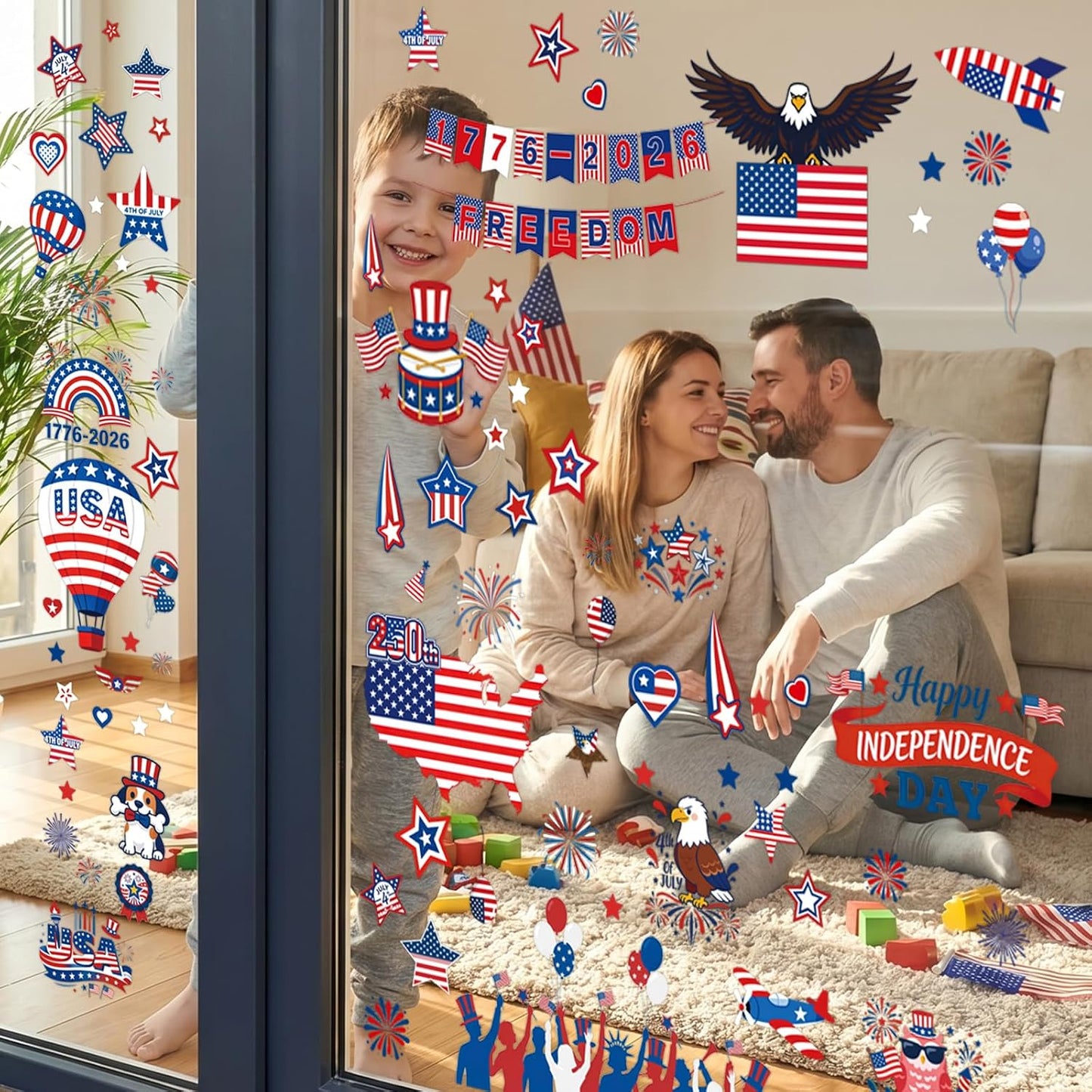 112Pcs 9 Sheets 4th of July Independence Day Window Clings | Reusable Static Stickers for USA 250th Anniversary, American Flag, Eagle, Stars Perfect for Home, Glass, Party Decor