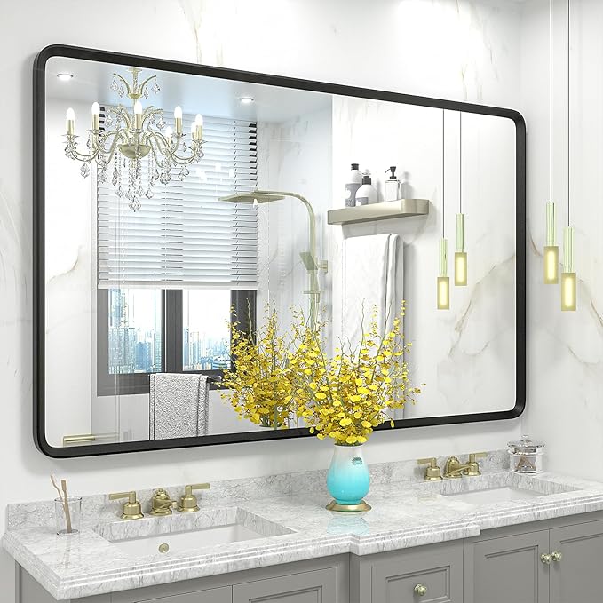 48x30 Black Bathroom Mirror, Rounded Rectangle Mirror, Shatterproof by GOLOMO