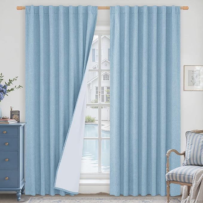 LAMIT Stone Blue 100% Blackout Linen Curtains, 84 Inch Linen Textured Living by LAMIT