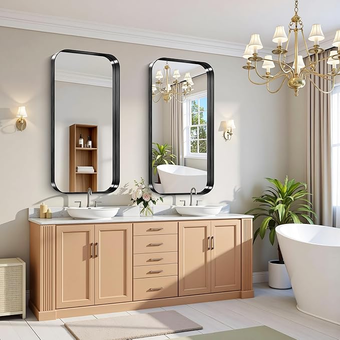 CIRCUMI Black Bathroom Mirror, Rounded Corner, Tempered Glass, Large Mirror - Image 2