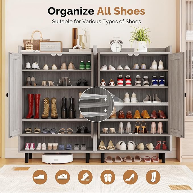 Farmhouse Shoe Cabinet with Doors, 6-Tier Wooden Shoe Organizer with Adjustable - Image 3