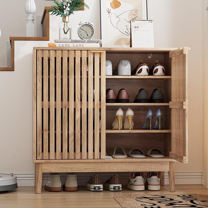 Shoe Cabinet with 2 Doors and Shelves, 4-Tier Shoe Cabinet Storage - Image 4