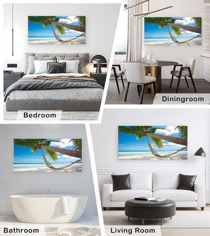 Muolunna BK6850 Beach Wall Art Canvas Prints - Tropical Palm Tree Hammock Seascape Picture Ocean Landscape Artwork for Living Room Bedroom Bathroom Office Home Decor, Large Framed 20x40 inch