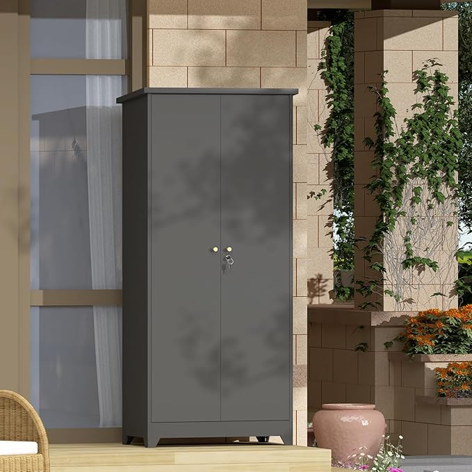 GREATMEET 72.8" Outdoor Broom Storage Cabinet, Metal Storage Cabinets - Image 3