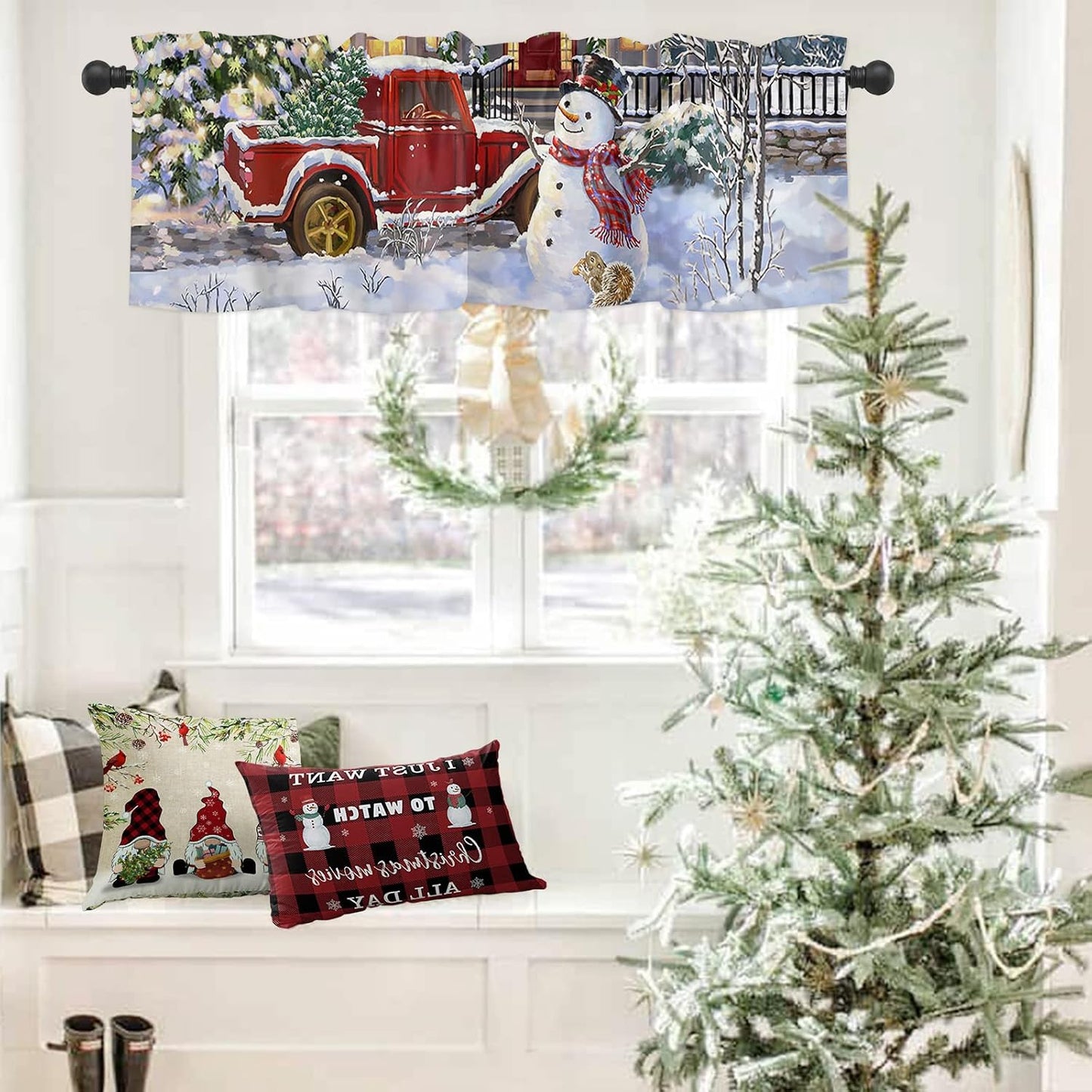 Christmas Curtain For Kitchen Windows Snowman Xmas Kitchen Curtain Valances Red Truck with Christmas Tree Window Curtain Treatment Short Topper Curtains Seasonal Valance Christmas Decor,42 x12 inch