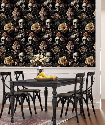 BOKEBEVE Gothic Skull Peel and Stick Wallpaper Vintage Black 17.5 x 118In | Floral Contact Paper Self Adhesive Removable Renter Friendly Wall Paper for Feature Wall Bedroom Bathroom Halloween Decor
