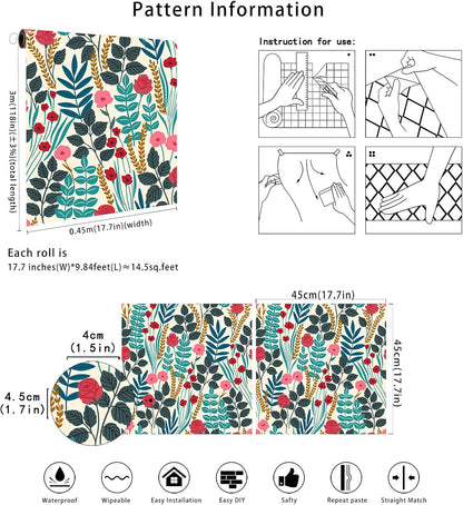 Floralplus Boho Wallpaper Peel and Stick Floral Wallpaper for Bathroom | Removable Renter Friendly Wallpaper Floral Tropical Leaf Contact Paper for Cabinet Home Decor, 17.5 x 118 in
