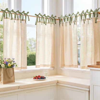 jinchan Linen Tie Top Curtains 36 Inch Length Farmhouse Cafe Curtains Set of 2 for Bedroom Bathroom Rustic Small Windows Light Filtering Crude Panels with Sage Green Ties