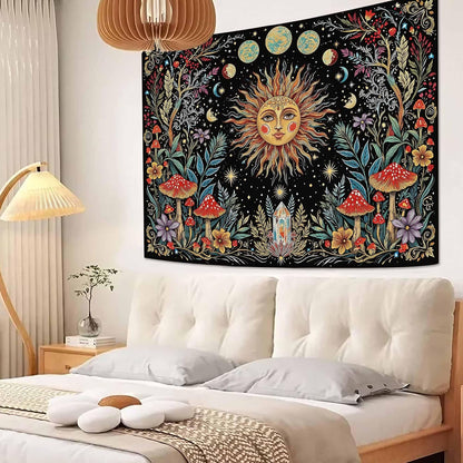 Accnicc Boho Sun and Moon Tapestry Hippie Mushroom Floral Wall Tapestry for Bedroom Aesthetic Vintage Plant Celestial Spiritual Small Tapestries Wall Hanging for Dorm Living Room Decor 48 x 36 Inch