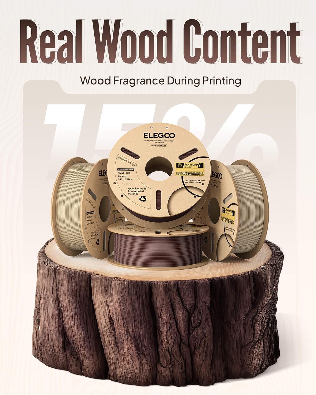 elegoo pla 3d printer filament 4kg oak wood/rosewood/tan, close-up detail