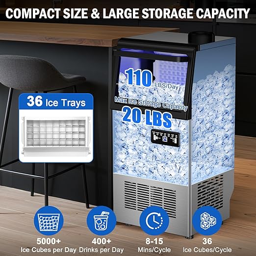Commercial Ice Maker Machine 110 Lbs/24H, 20 Lbs Ice Bin, Undercounter Ice - Image 2