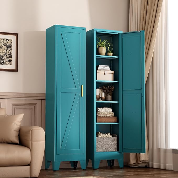 Narrow Metal Cabinet with 4 Adjustable Shelves and Barn Doors, Tall Bathroom - Image 2
