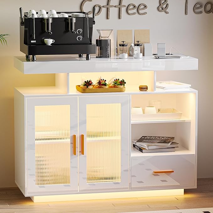40" Wood LED Coffee Bar with Wireless Charging Station, Kitchen Storage Cabinet - Image 7