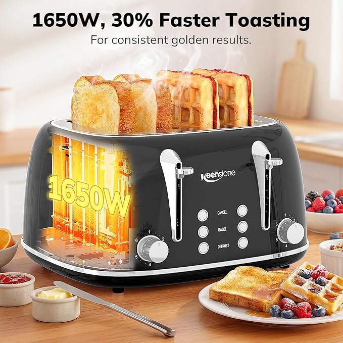 Keenstone Toaster 4 Slice, Retro Stainless Steel Wide Slot Toaster - Image 4