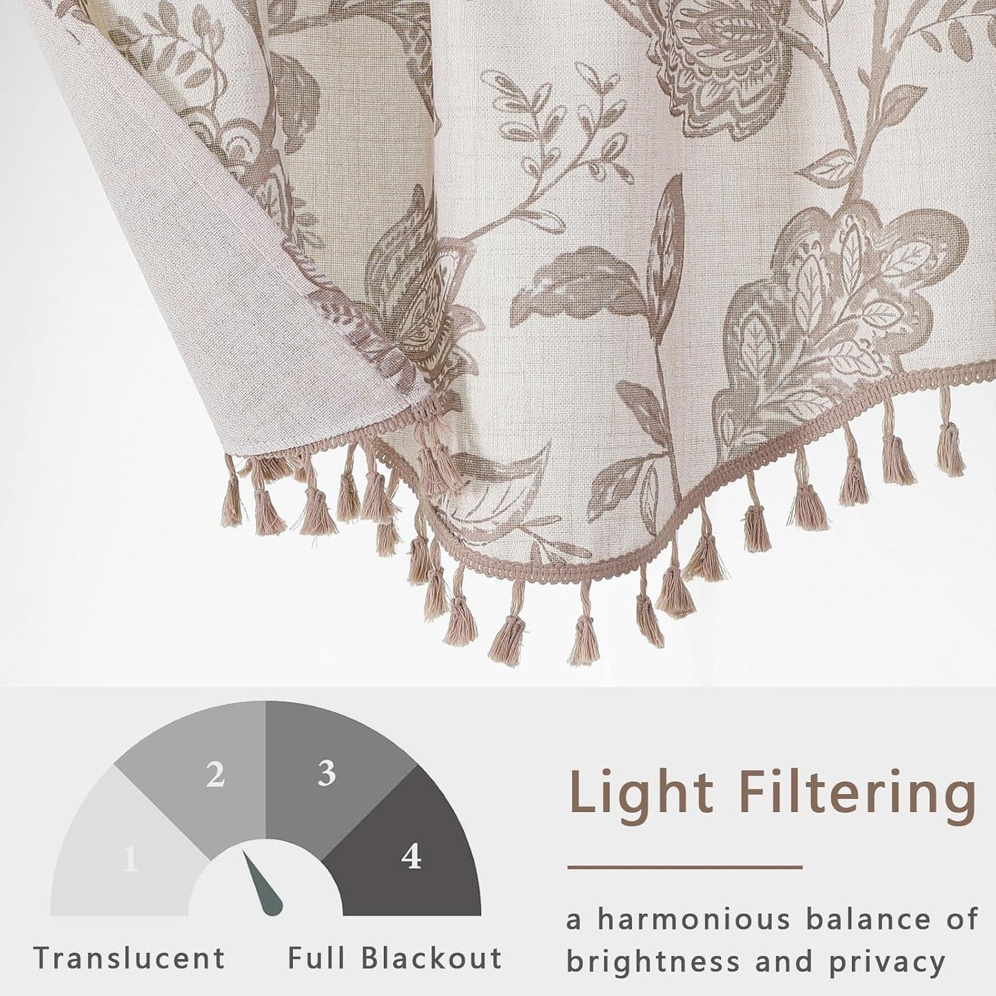 Scalloped Valance for Windows - Faux Linen Textured Short Kitchen Valance with Tassels, Farmhouse Floral Printed Small Window Curtains for Bathroom Basement RV, 1 Piece, 52Wx18L Inches, Taupe