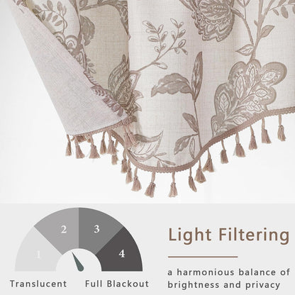 Scalloped Valance for Windows - Faux Linen Textured Short Kitchen Valance with Tassels, Farmhouse Floral Printed Small Window Curtains for Bathroom Basement RV, 1 Piece, 52Wx18L Inches, Taupe
