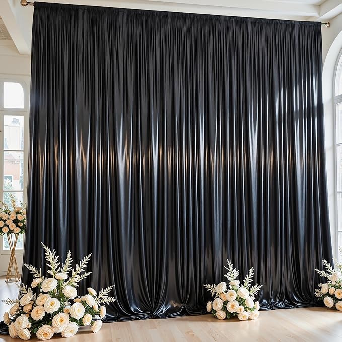 10x10 ft Black Glitter Backdrop Curtain for Parties, Wrinkle Free Satin Photo...