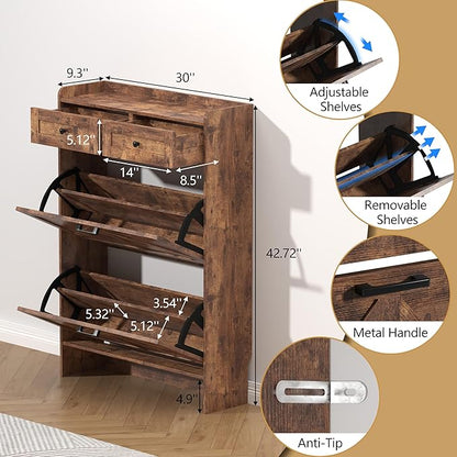 Shoe Cabinet with 2 Flip Drawers & 2 Storage Drawers, Rustic Farmhouse Narrow - Image 6