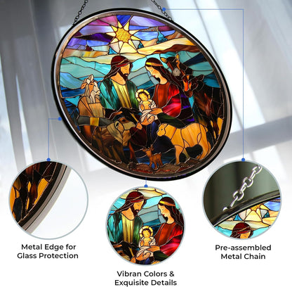 Nativity Suncatchers for Windows,6.3” Stained Glass Window Hangings,Hand-Painted Glass Panel Perfect for Home Décor
