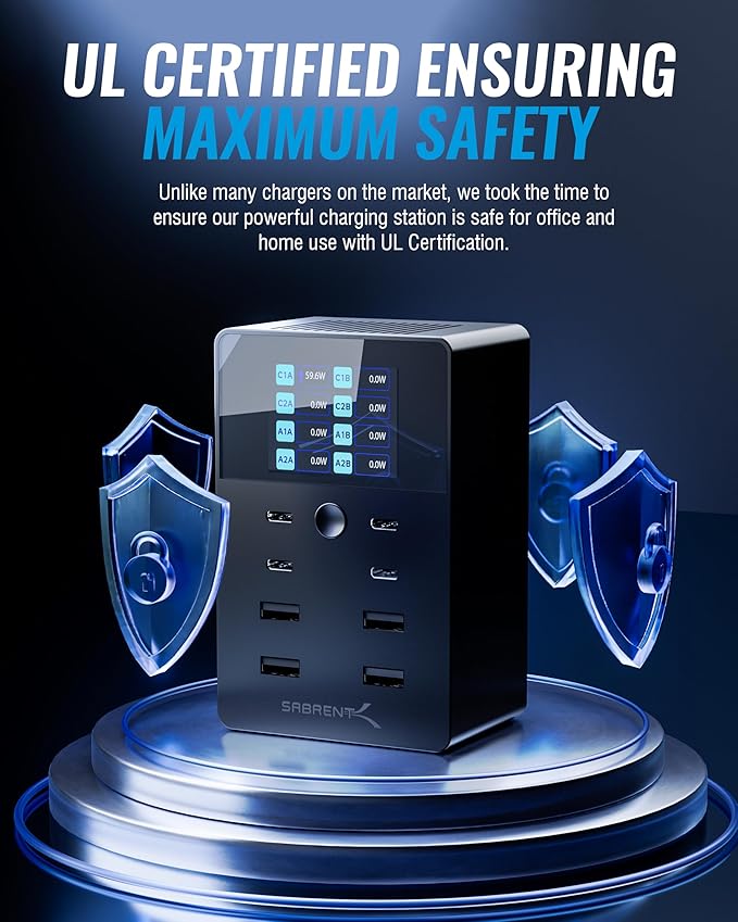 SABRENT Charger, 252W 8-Port Desktop Charging Station w/Real-Time LCD Display - Image 5