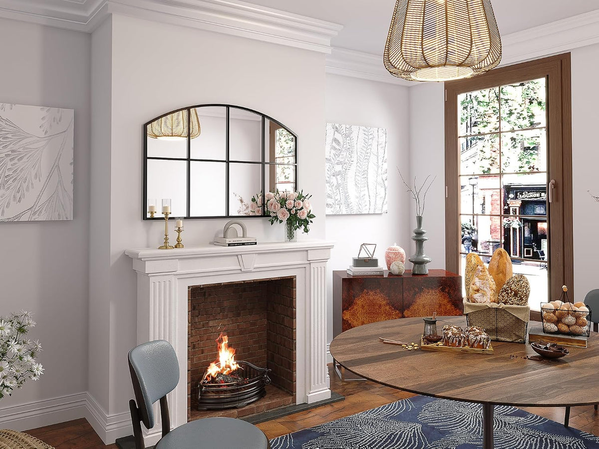 Black Arched Window Pane Mirror, 42" x 28" Grid Wall Mirror | Farmhouse Large Wide Wall Mirror Decorative Mirrors for Entryway, Hallway, Fireplace, Living Room, Bedroom, Dining Room