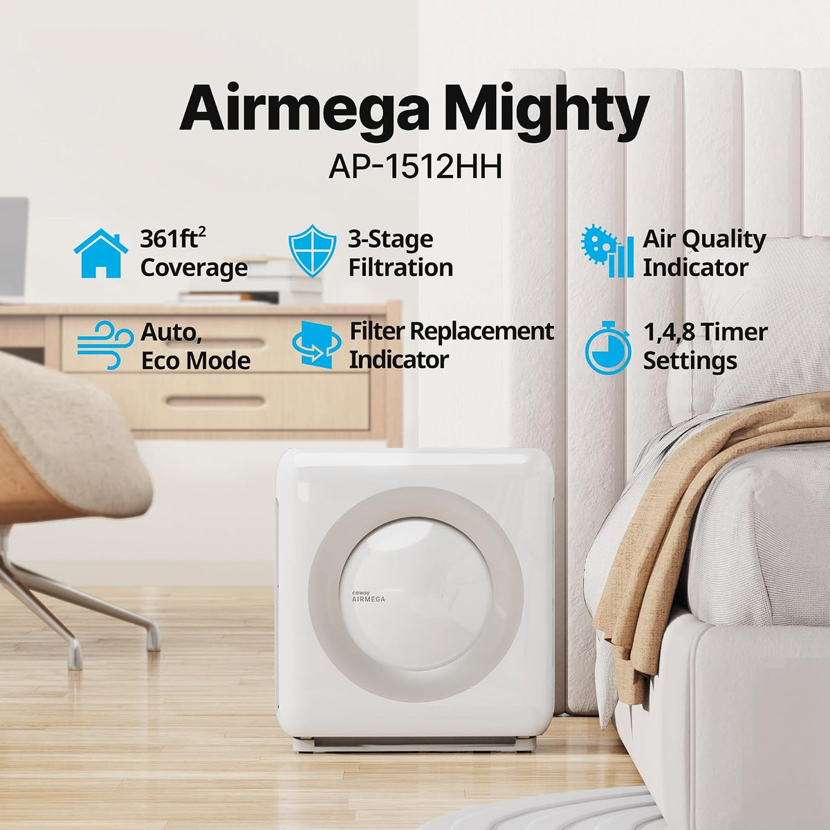 coway air purifier for home up to 1,748ft² shown in use