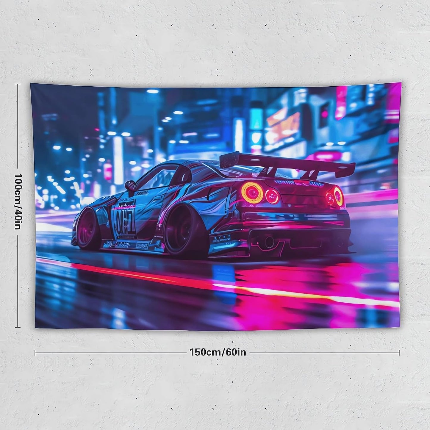ANMOGID R35 Car Tapestry for Men Teen Boys, Neon Sports Car Tapestries City Night Wall Hanging Aesthetic Decoration for Bedroom Living Room Dorm Rainy Night Light Track Wall Art Decor 59"x39"