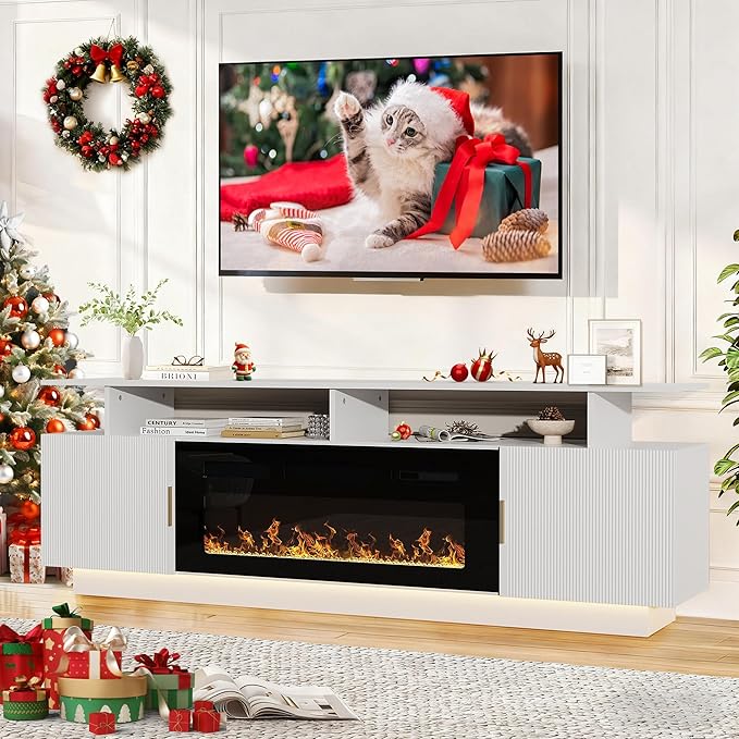 70” Fluted TV Stand with 36” Electric Fireplace, 2 Tier TV Console Cabinet with by Sumshadow