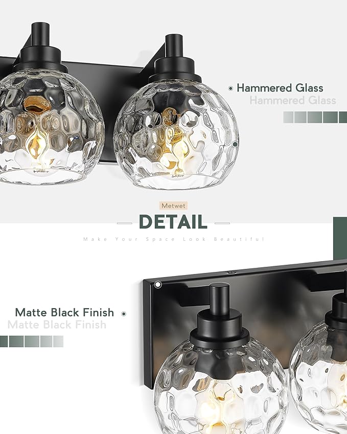 METWET Bathroom Light Fixtures Over Mirror, 3-Light Matte Black Vanity Light - Image 3