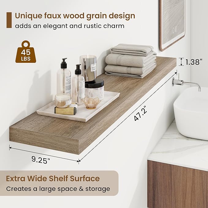 48in Floating Shelves for Wall, 2 Pack Long Wall Mounted Engineered Wood Shelves - Image 3
