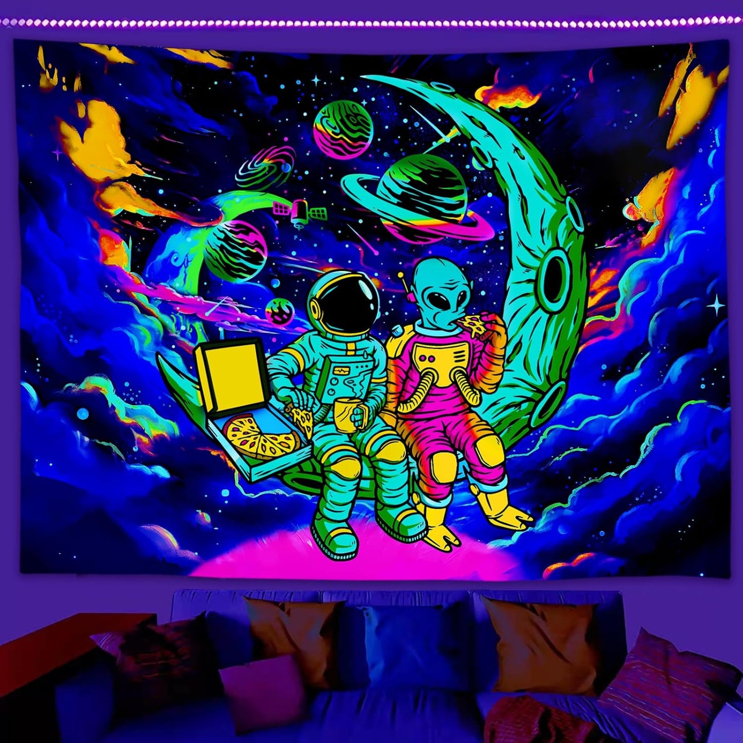 Sanzugh Funny Space Astronaut Alien Blacklight Tapestry UV Reactive Poster, Trippy Universe Black Light Art for Men Guys Room Bedroom Decor Cool Psychedelic Glow in the Dark Tapestries Wall Hanging