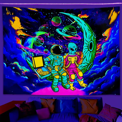 Sanzugh Funny Space Astronaut Alien Blacklight Tapestry UV Reactive Poster, Trippy Universe Black Light Art for Men Guys Room Bedroom Decor Cool Psychedelic Glow in the Dark Tapestries Wall Hanging