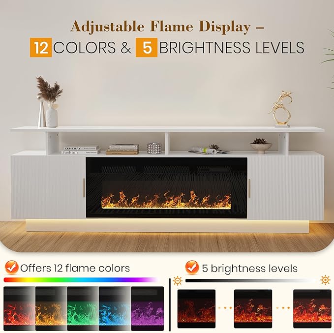 70” Fluted TV Stand with 36” Electric Fireplace, 2 Tier TV Console Cabinet with - Image 5