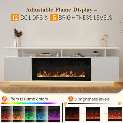 70” Fluted TV Stand with 36” Electric Fireplace, 2 Tier TV Console Cabinet with - Image 5