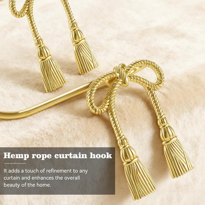 2 Pcs Gold Brass Hemp Rope Bow Curtain Tiebacks, Vintage Wall Mounted Curtain Holdbacks with Screw, Decorative Curtain Hooks for Living Room、 Bedroom and Home Office