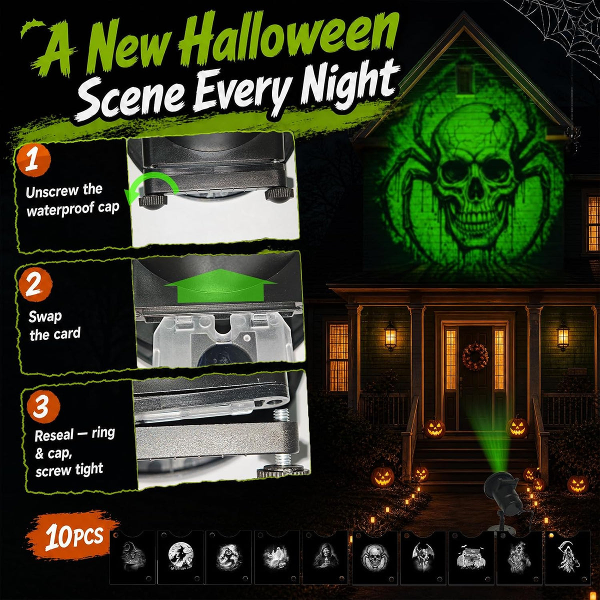 Halloween Projector Lights Outdoor, 10 Slides w/Remote & Timer