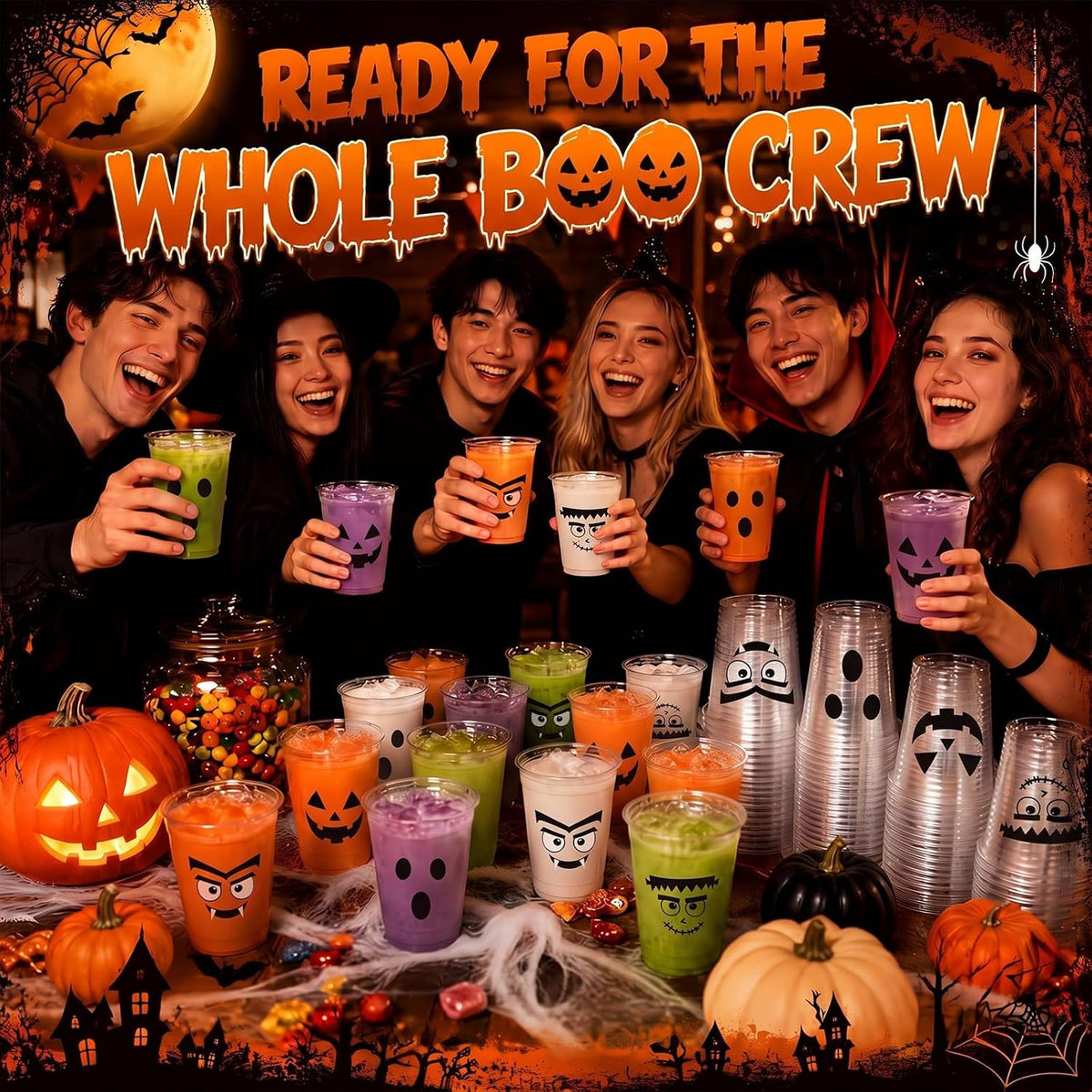 Bokon 100 Pcs 12 oz Halloween Plastic Cups, Cute Spooky