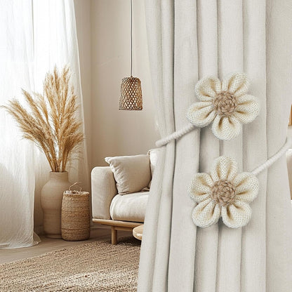KLOGTSIND Flower Curtain Tiebacks, Decorative Curtain Holdbacks No Drill | 2 Pack Boho Curtain Ties, Elegant Curtain Holders Twist Tie Backs for Bedroom Decor, Nursery Decor, Farmhouse Decor