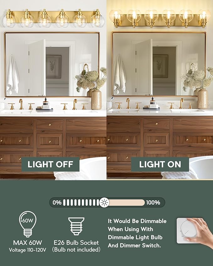 METWET Bathroom Light Fixtures, 6 Light Brushed Gold Vanity Light, 38 Inch - Image 5