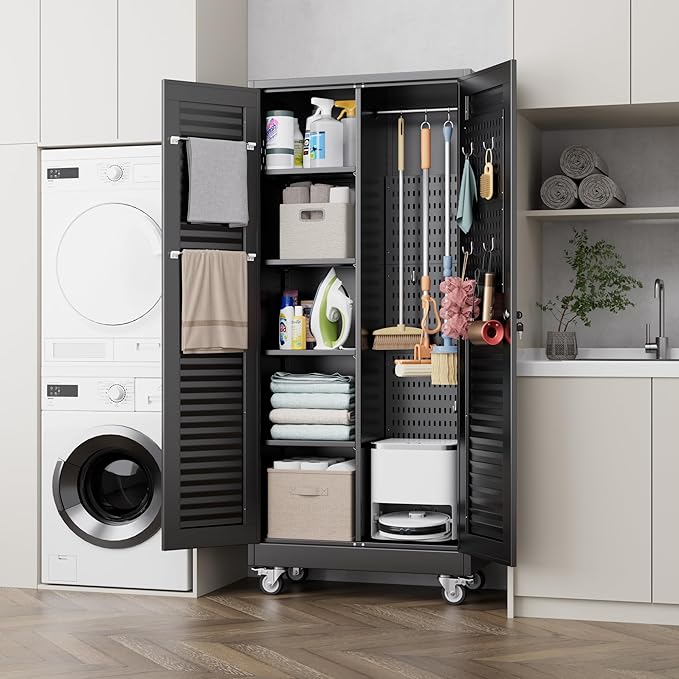 SUXXAN Broom Closet with Wheels 71"x 31.5"x15.75", Metal Cleaning Cabinets with - Image 9