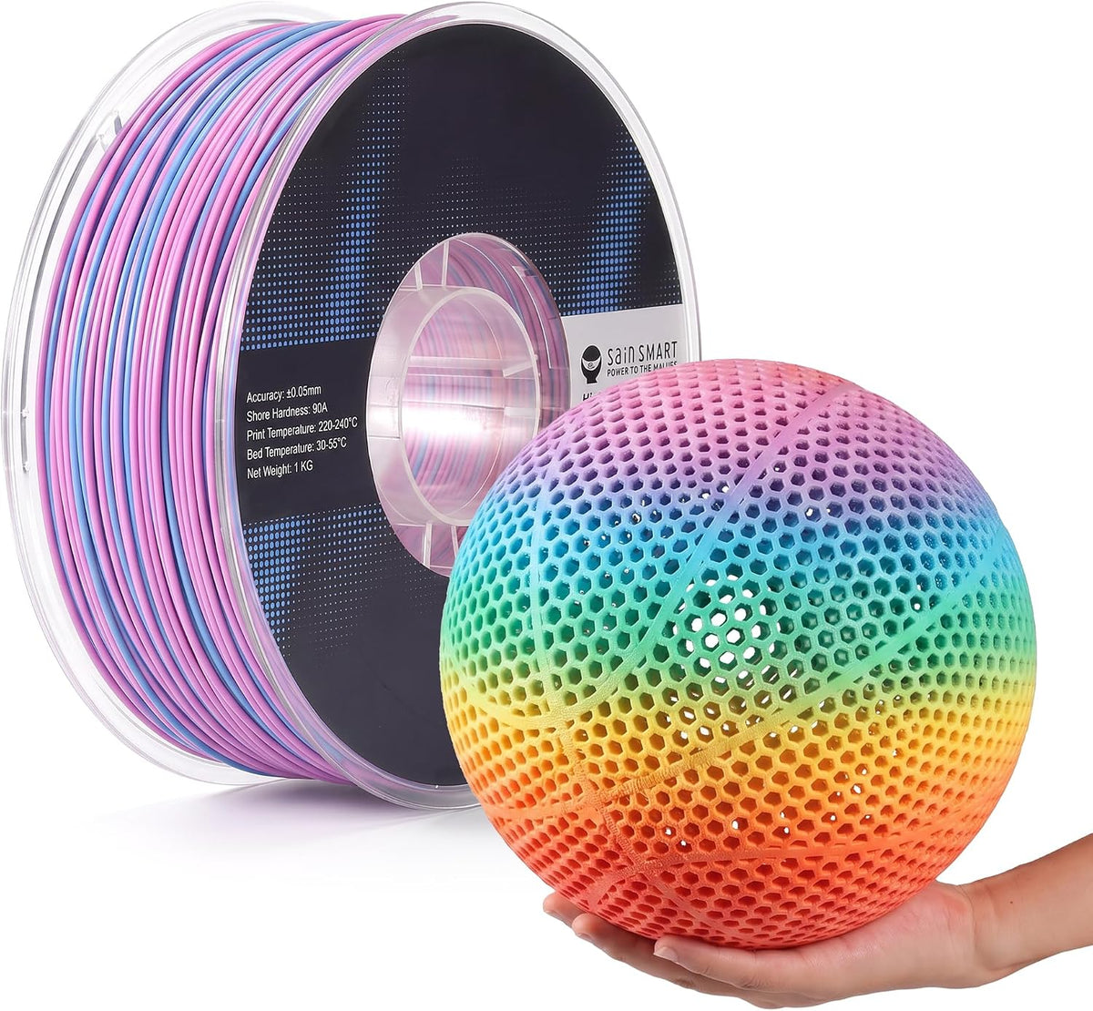 SainSmart PEBA High Rebound 90A Flexible Filament, 1KG (2.2lbs) (Rainbow)