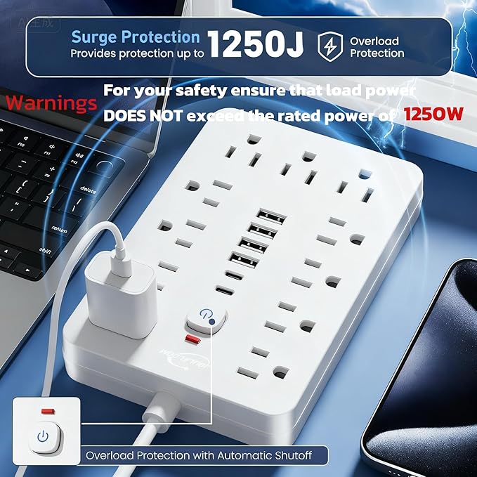 JouleLoom 6 FT Flat Plug Surge Protector Power Strip, 11 Multiple AC Outlets - Image 8