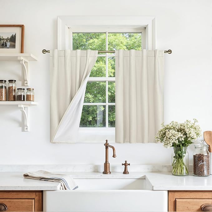 LAMIT Full Blackout Linen Kitchen Window Curtains, 36 Inches Back Tab and Rod by LAMIT